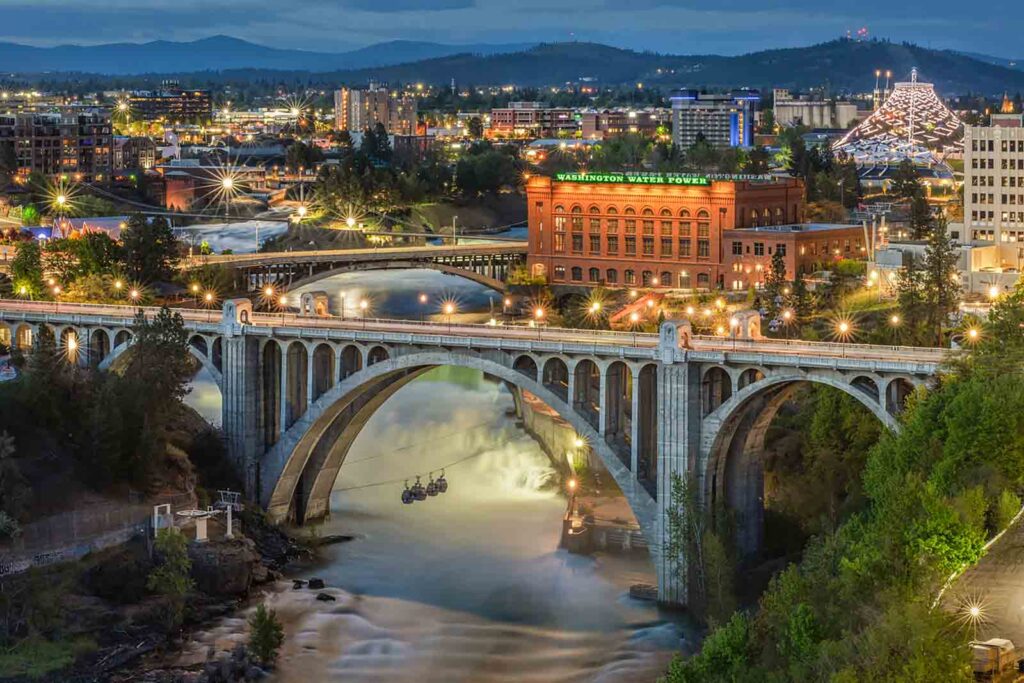 downtown spokane falls monroe bridge lights dusk